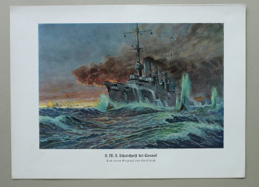Marine / S.M.S. SCHARNHORST bei Coronel / Kriegsschiff Kampf / 1914-1918 / 1920er Jahre / 1. Weltkrieg 1.WK WWI / Patriotik Kunst Druck